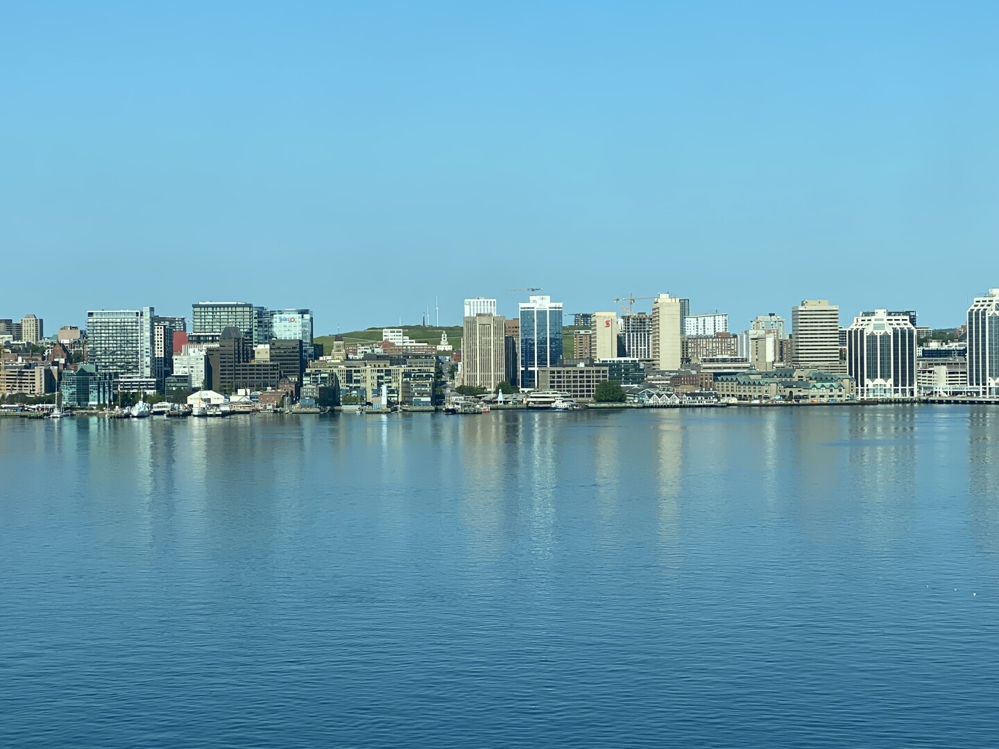 Harbour in foreground, skyline of Halifax on the other side of the water. Blue sky, blue water. Looks like a postcard.