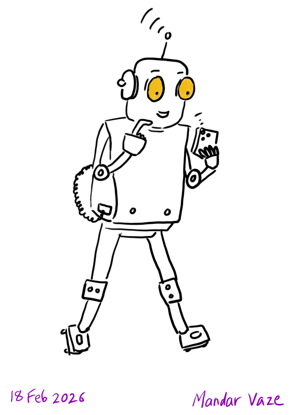 Robot walking while looking at the mobile