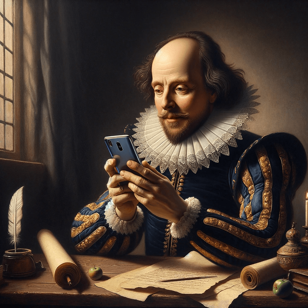 William Shakespeare with a modern smartphone, set in a 16th-century scene.