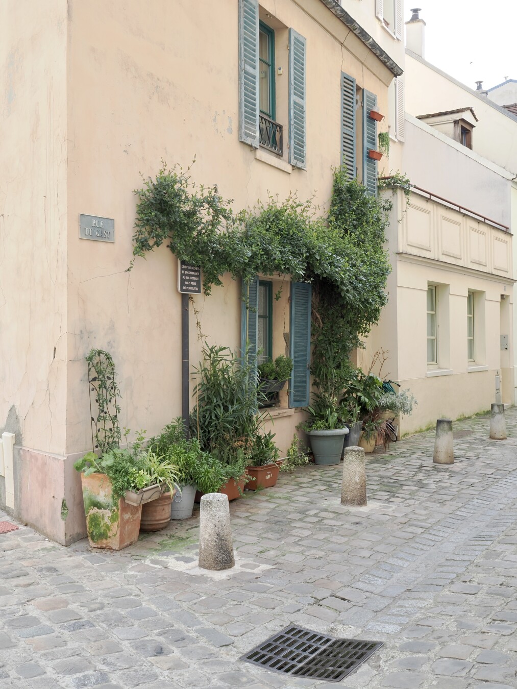 A photo showing a corner of a building. Two stories of this building are visible, with windows with wooden shutters painted in faded green. A window on the ground floor is surrounded by vegetation: some vines, and many pots with different plants standing on the ground. The street is covered by cobblestone and with a metallic sewer grate visible. There are stone cones guarding the pots, the buildings are painted with beige. There is a sign on the corner of a building: “Rue du Gast”, and another sign with smaller text visible under the vegetation: “Dépôt de déchets et encombrants au sol interdit sous peine de poursuites”.