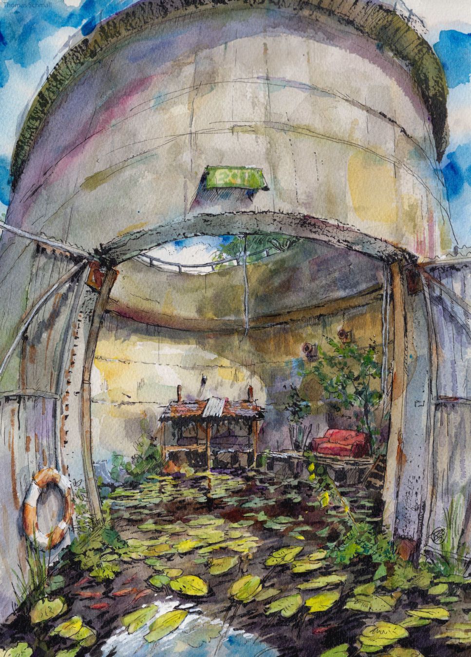 Watercolor and ink painting of an old silo, filled with a pond. With a red couch in the center.