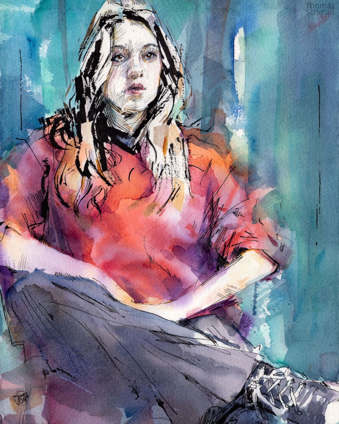 Watercolor portrait of a teenage girl with long hair, sitting on a chair.