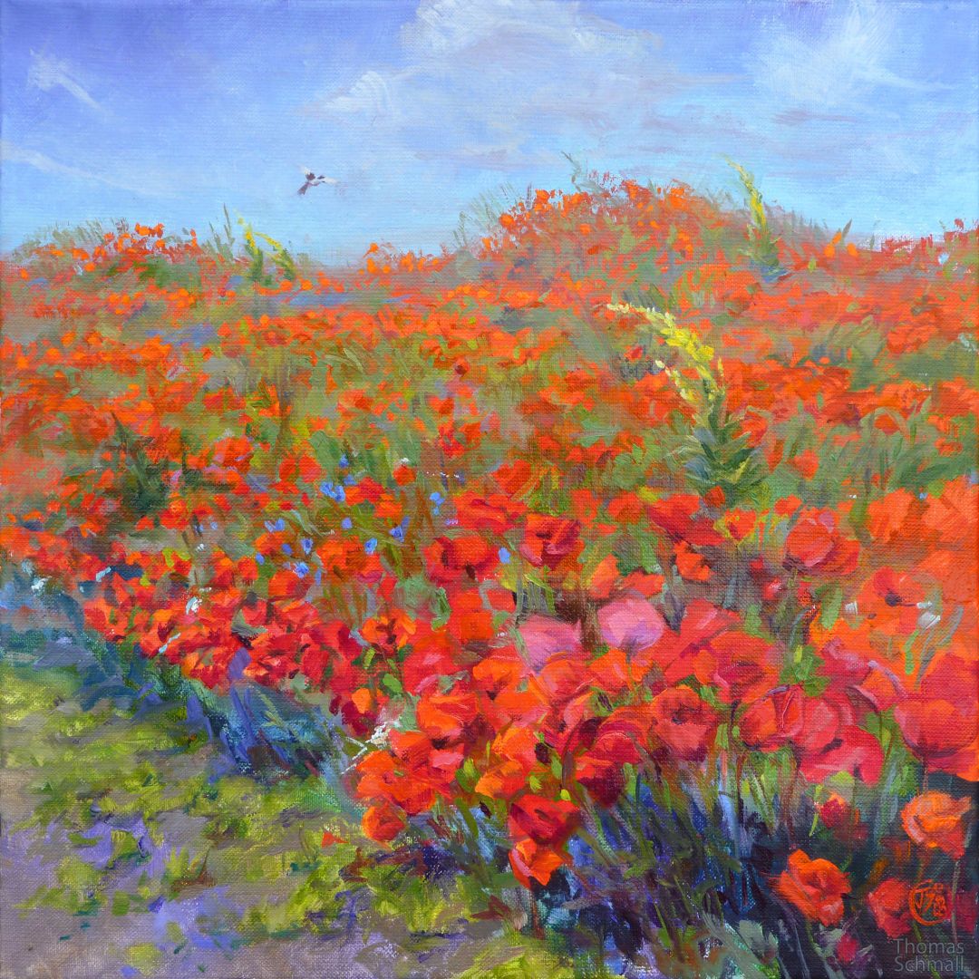 Oil painting of a bright red poppy field flowing in the wind.