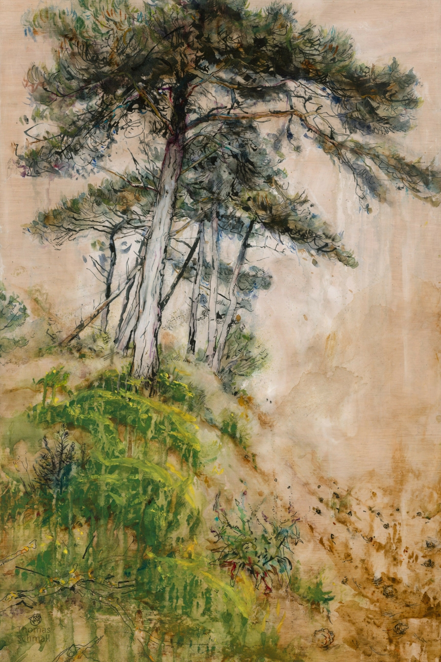 Watercolor and ink painting on wood, depicting pine trees and flowers on dunes.