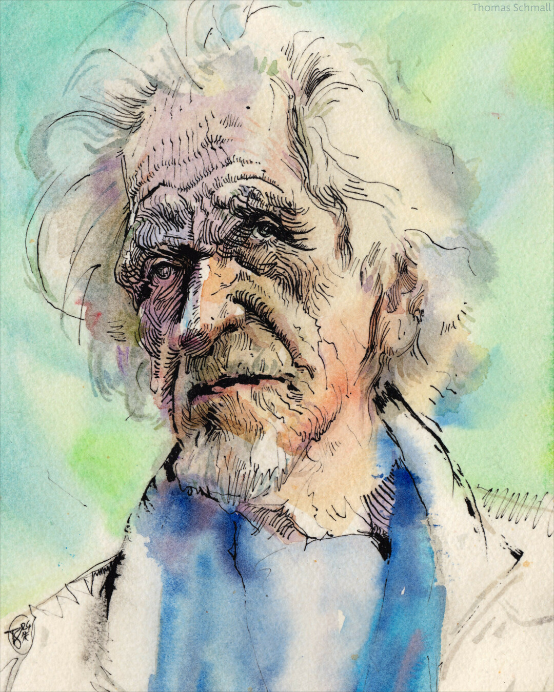 Watercolor portrait of a white haired man.