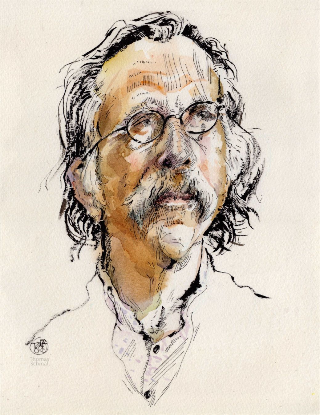 Watercolor and ink portrait of a man with ashen hair, a mustache and glasses.