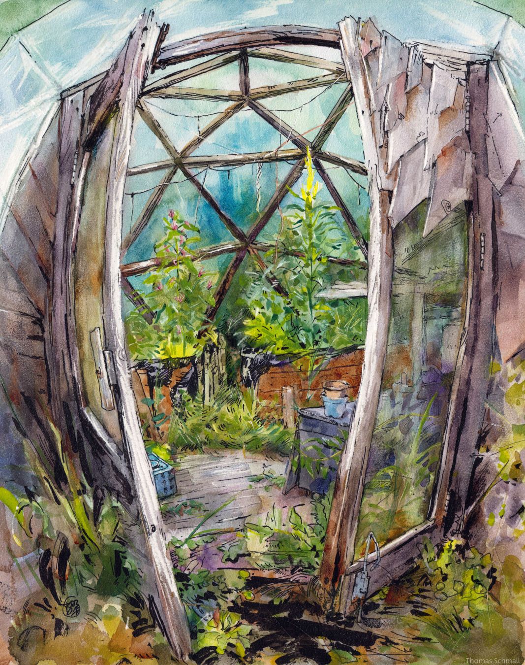 Watercolor and Ink artwork of a geodesic greenhouse, with an open door and wild plants.