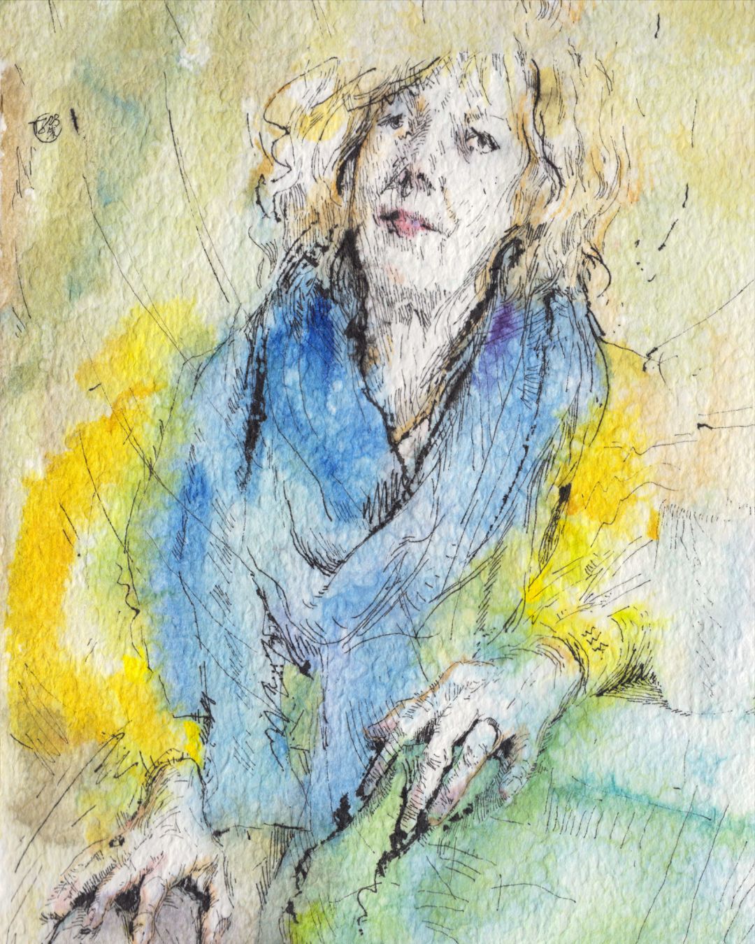 Watercolor and ink portrait of a blonde woman with a blue scarf - with flowing colors.