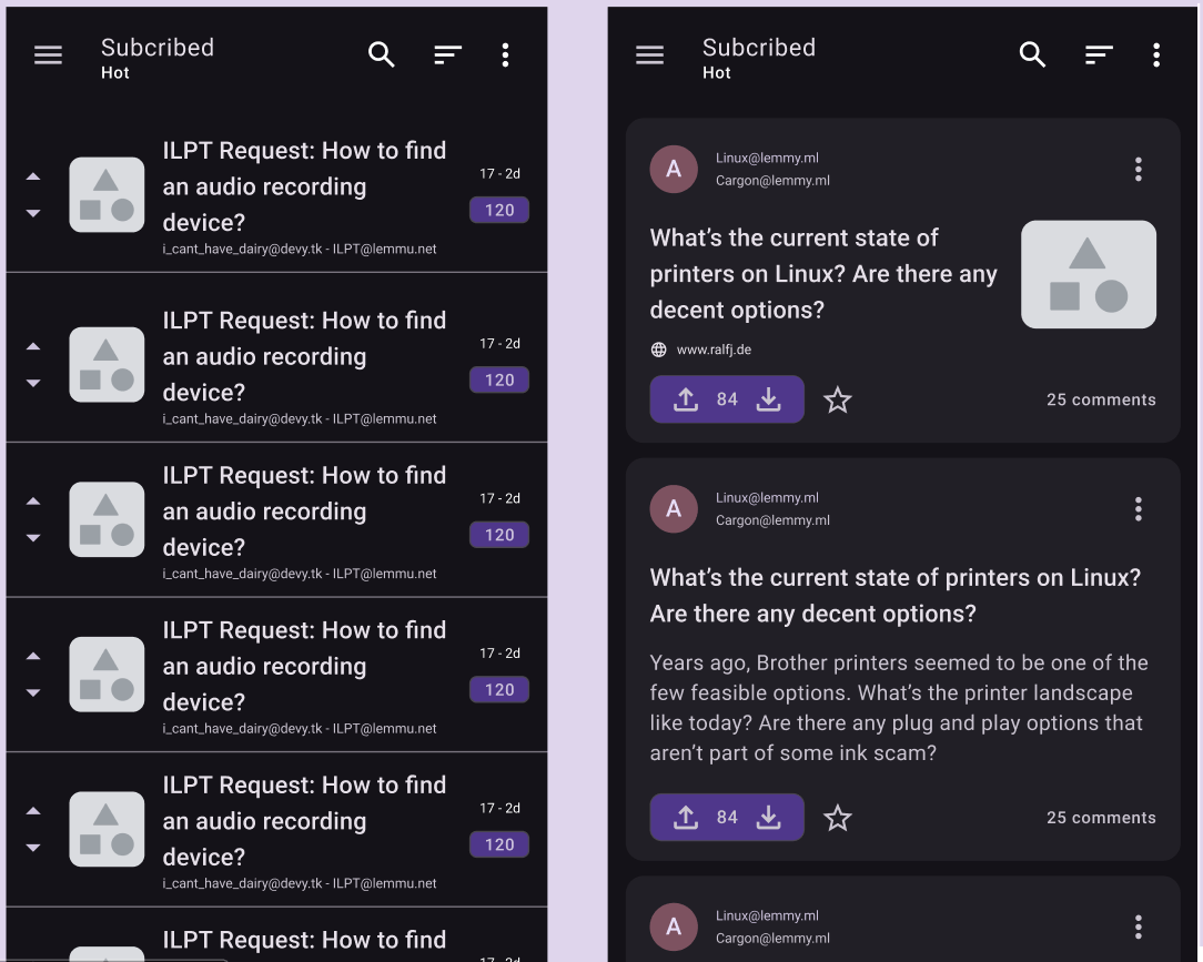 dark mode compact and card view