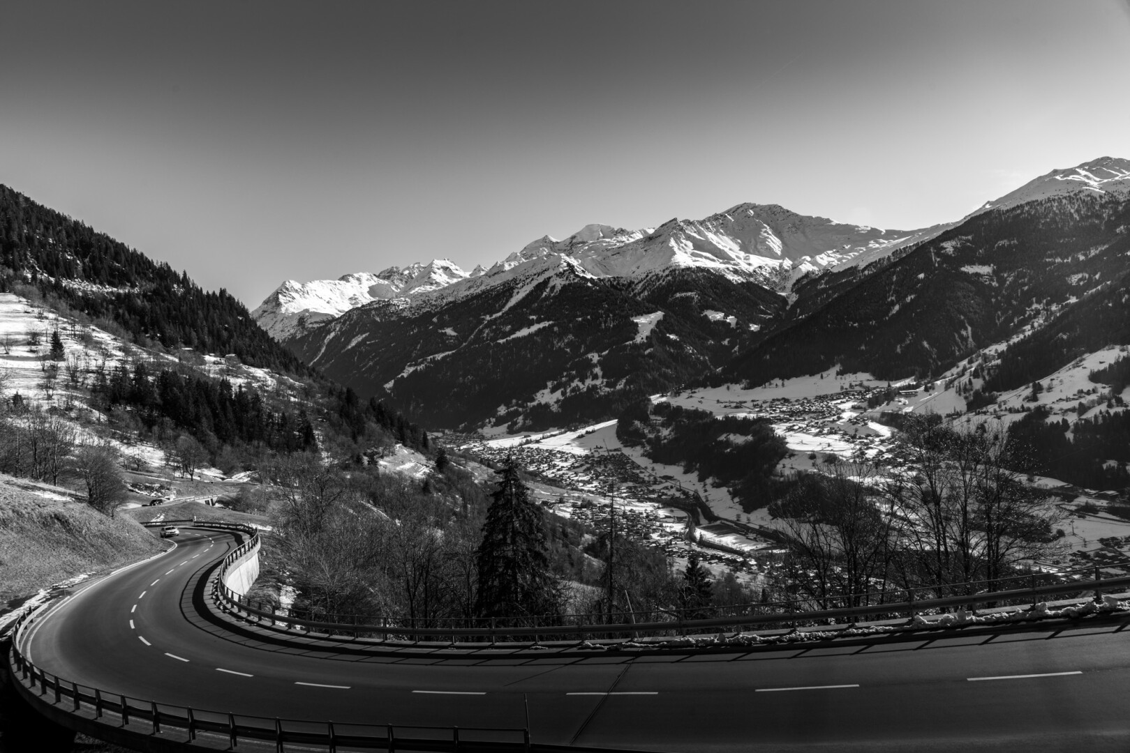 Road through the mountains. Black and white.