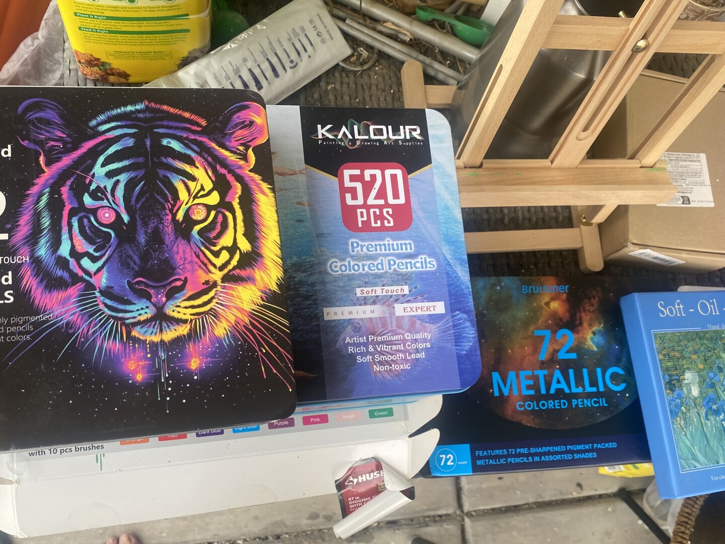 Picture of various boxes of colored pencils used in my drawings.