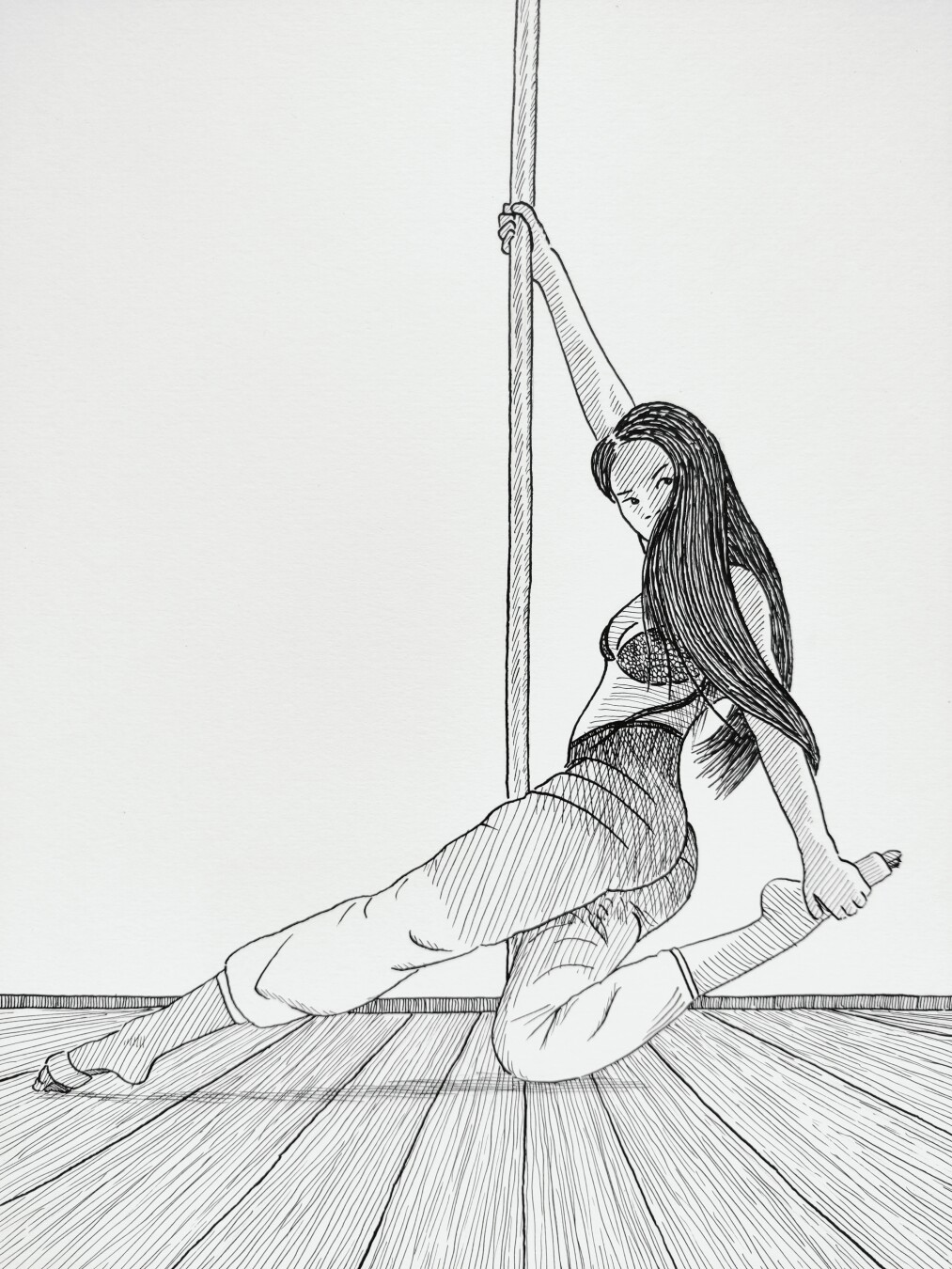 An ink drawing of a pole dancer.
