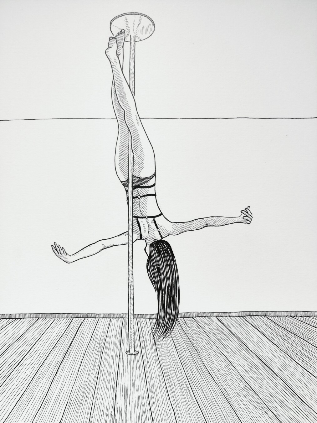 An ink drawing of a pole dancer.