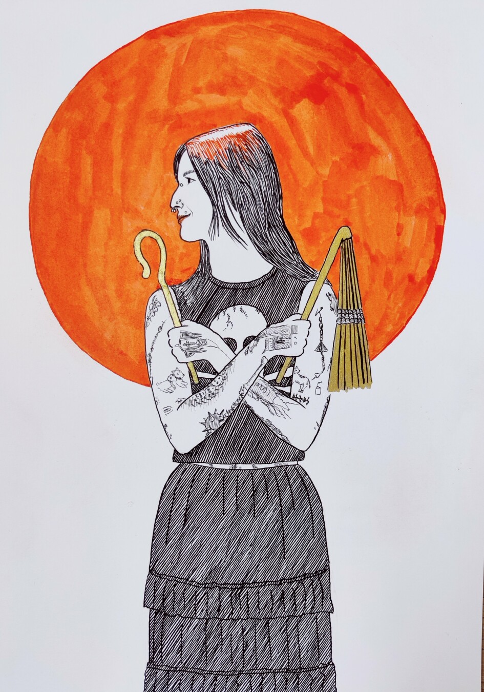 An ink drawing of a woman as Osiris.