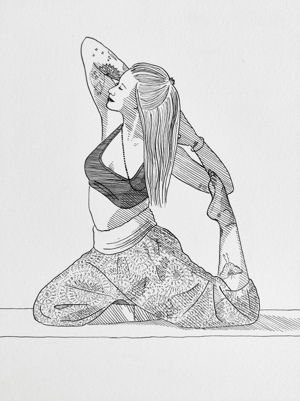An ink drawing of a friend doing yoga.