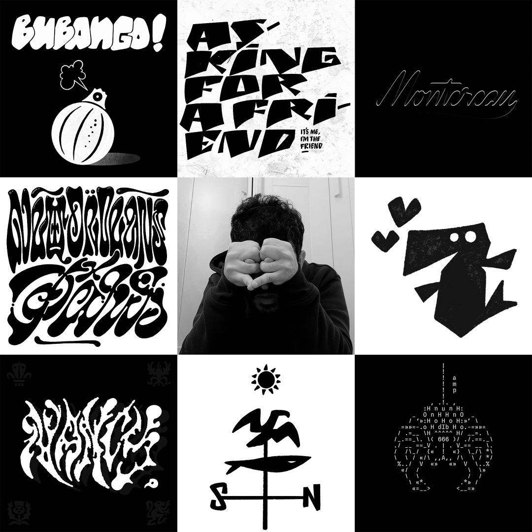 A black and white 3 x 3 mosaic featuring various lettering and illustration pieces with expressive letters and bold characters, in the center, a black and white photograph of a person doing a mask with their hands, covering their face.
