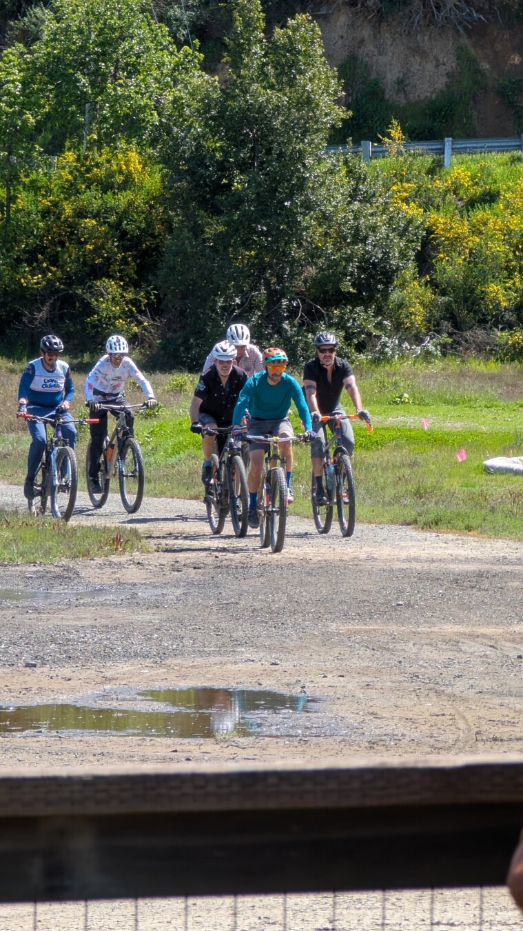 The lead pack of riders finishing the third chapter of the April Fools Ride