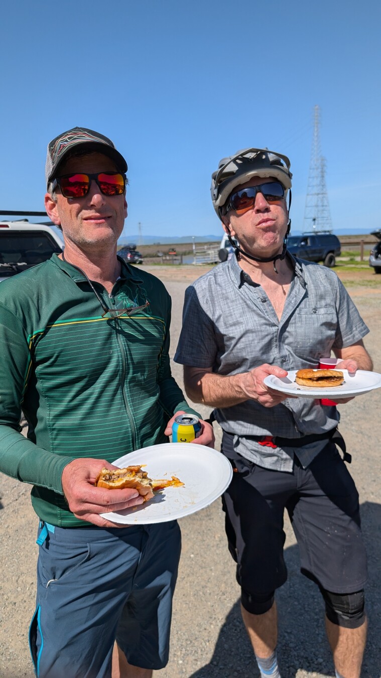 Riders eating after the finish