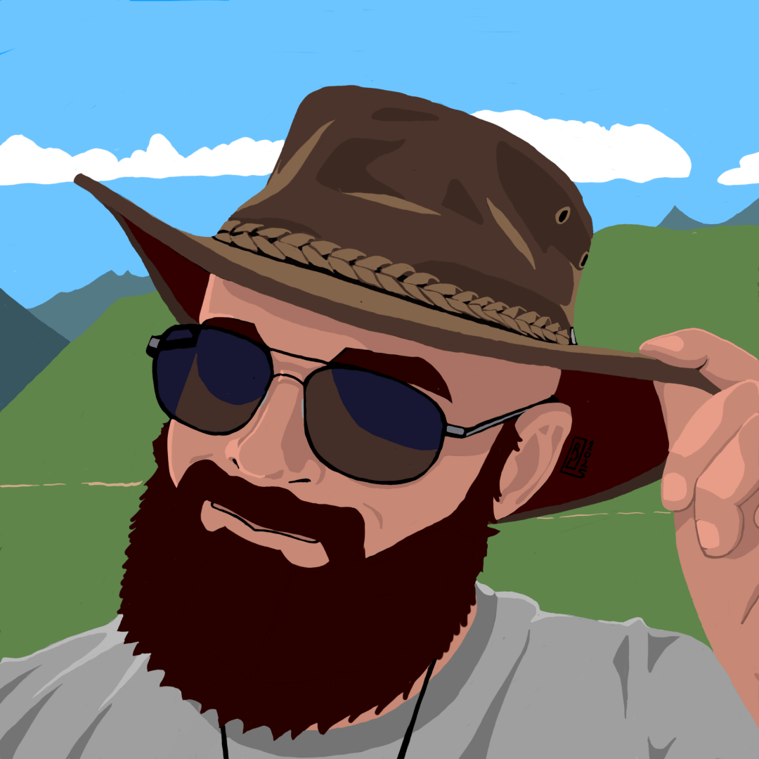 Digitally painted portrait of @procyonomancy.bsky.social , tipping his cowboy hat at the camera. He's smiling and wearing sunglasses. There's a series of mountains behind him.