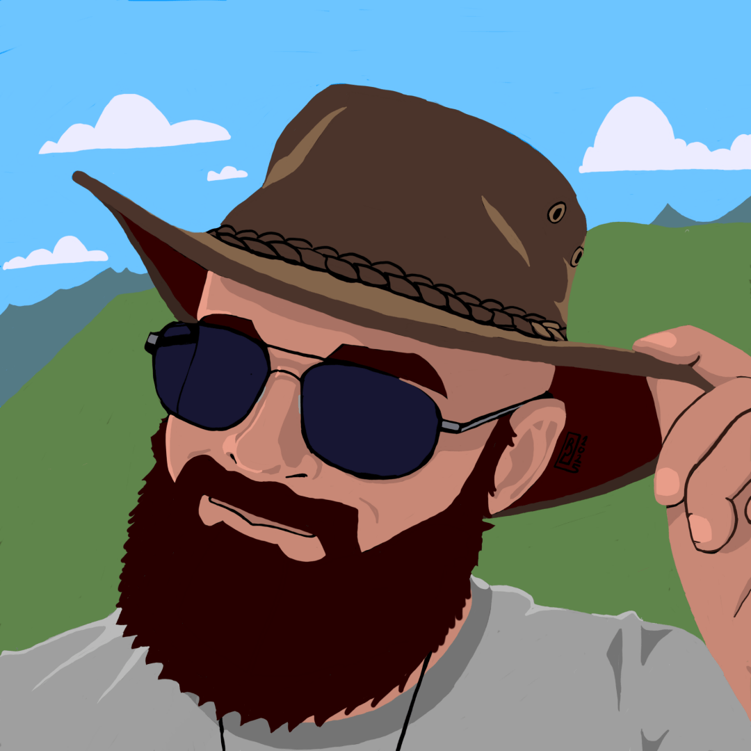 Digitally painted portrait of @procyonomancy@bsky.social , tipping his cowboy hat at the camera. He's smiling and wearing sunglasses. There's a series of mountains behind him.