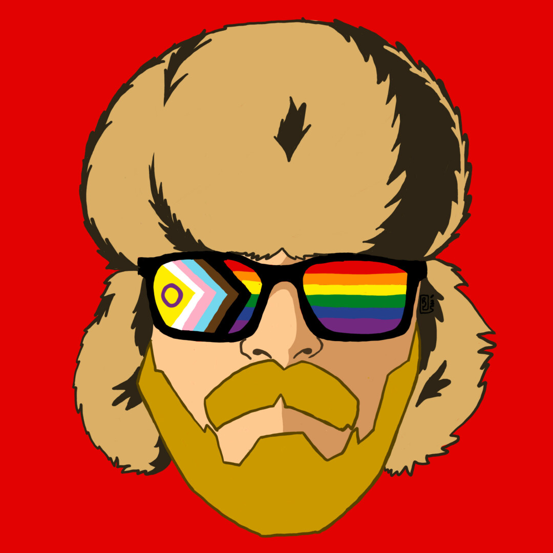 A digital painting of me, wearing my ushanka, my eye glass frames replaced with the inclusive pride flag.