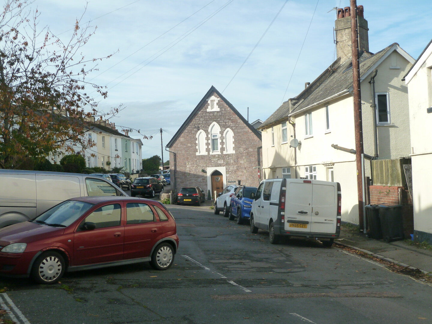 End of this road,  looks like an old church that may have been converted in to a dwelling.