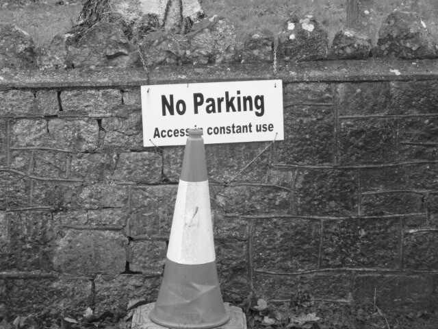 No parking sign with cone, this is opposite a garage or door.