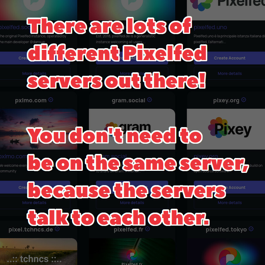 Screenshot of Pixelfed servers listed on the pixelfed.org directory, with a caption overlaid which reads 