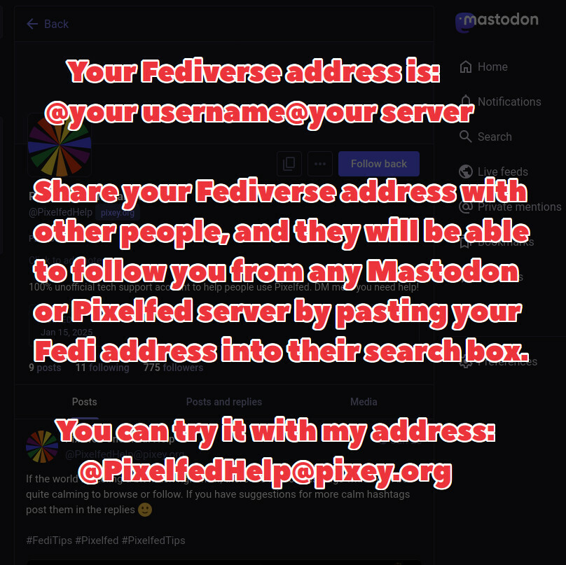 Background is a darkened screenshot of a Pixelfed account being viewed from a Mastodon server. The text overlaid on the screenshot reads:

