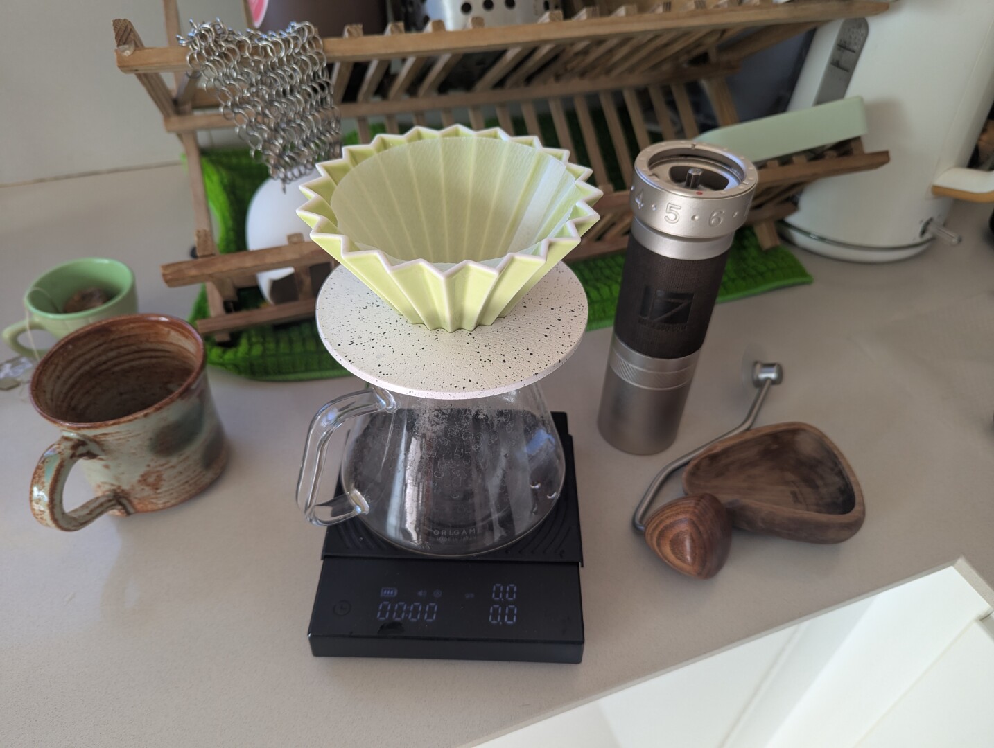 pourover setup. origami server and origami dripper, zp6 grinder