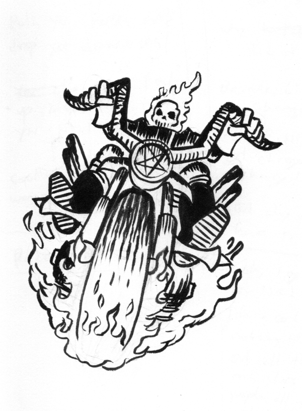 ink drawing of Ghost Rider, a character with a flaming skull for a head, riding a motorcycle that generates and trails flames, seen from the front with the front wheel bearing down on the viewer