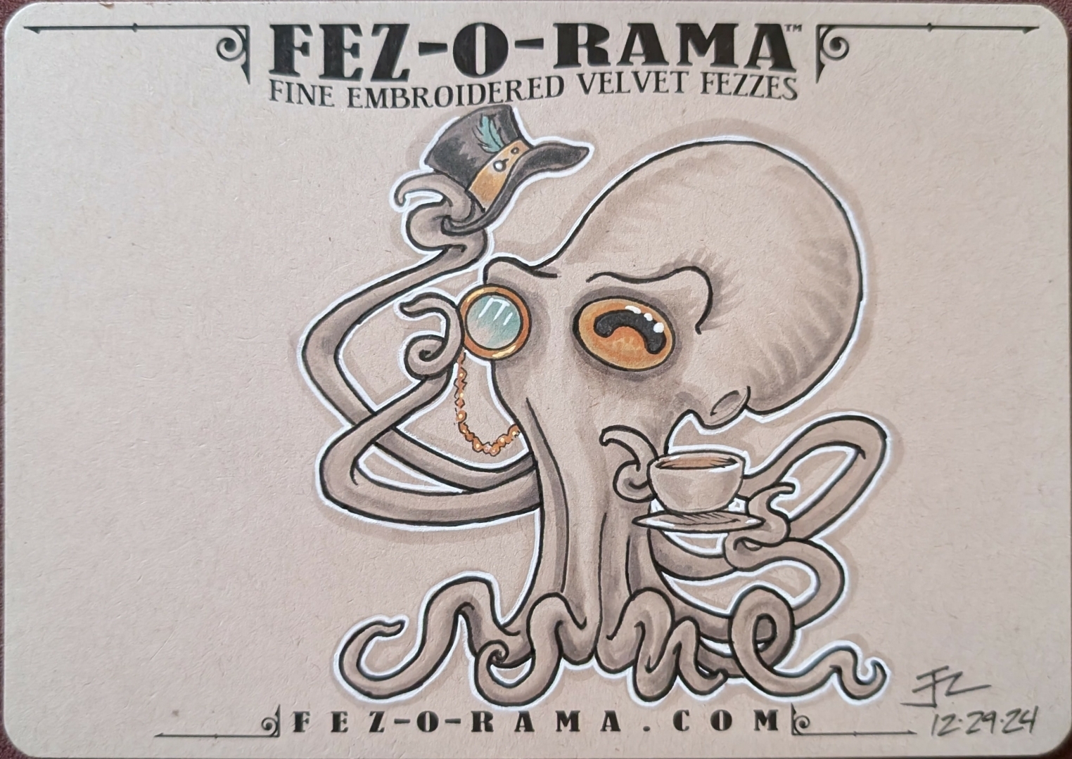 Sketch card featuring a dandy octopus tipping his top hat and holding a cup of tea. Illustration done with markers and pens.