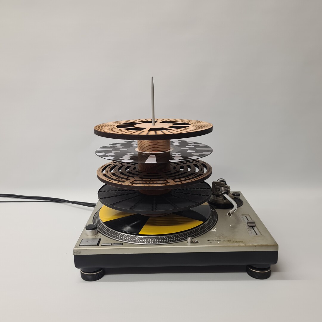 my "mechanical techno" turntable setup on a clear white background
