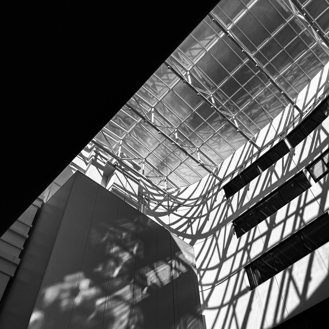 black and white photograph of skylight and shadows in Wiener Neustadt, Austria, 2023