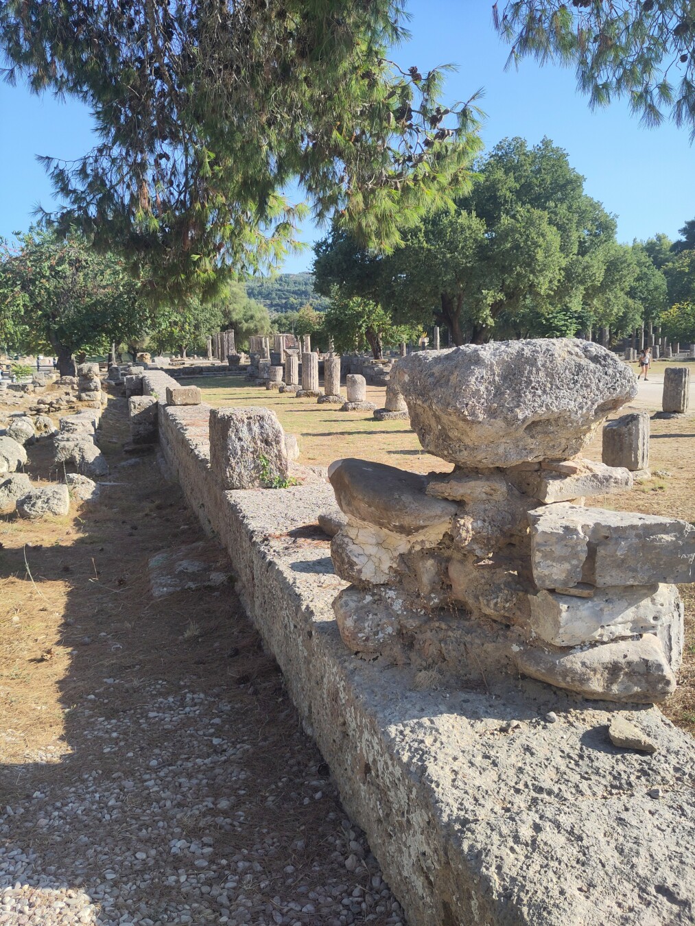 A show of low ruin walls running from close-up in the bottom right corner to far away towards the top left. A few stones are stacked in the front, some branches framing the top and more trees in the back.
