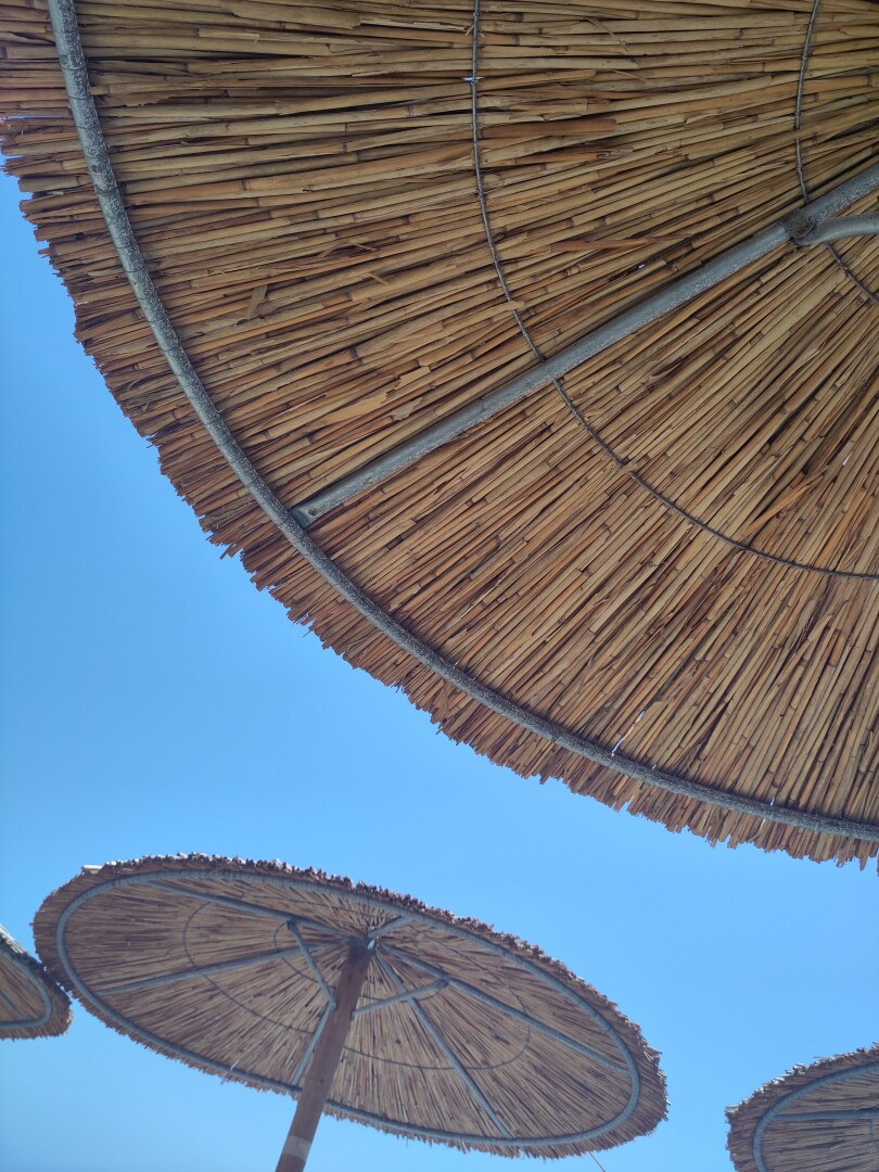 Upwards shot of several reed parasols on the beach against the bright blue sky.
