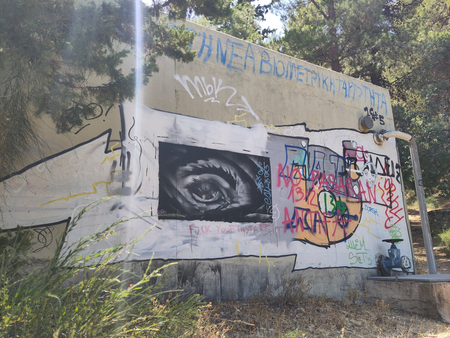 A concrete wall on the botanical path with graffiti art on the right side and street art featuring an eye in black/gray colors on the left, with the text "fuck your insta shit" spray painted in red beneath.