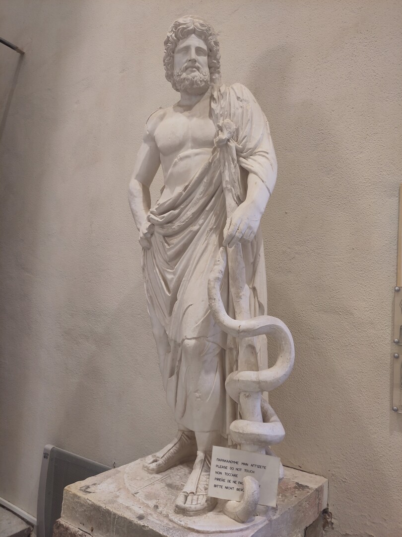 A plaster cast of a tall statue of Asklepios himself: a man with curly hair, wearing a robe and leaning on his famous rod with a singular snake wrapped around. This rod is still used today as a symbol for medicine/healthcare. Although not to be confused with the Caduceus, which is actually the staff of Hermes (associated with commerce rather than medicine) and has not one but two snakes wrapped around it. Some medical logos mistakenly use this instead of the Rod of Asklepios!