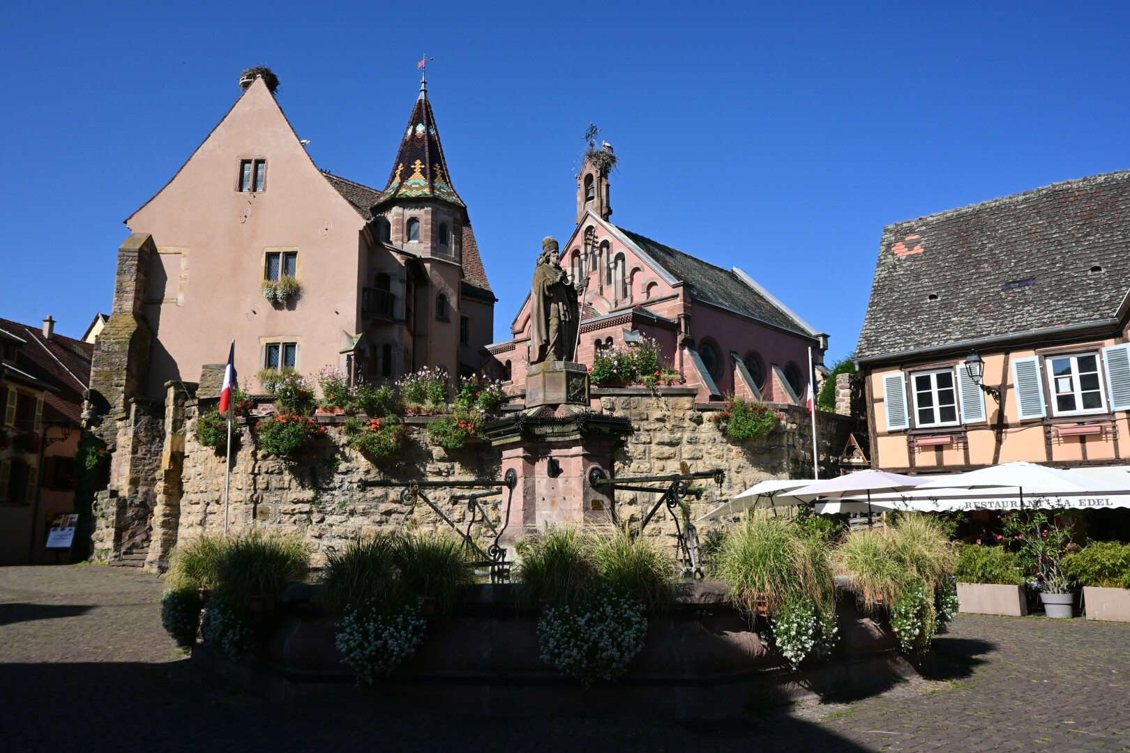 A charming town square features a fountain, statue, and buildings with traditional architecture under a clear blue sky. Stork nests are visible on the rooftops of the buildings, adding a unique detail to the scene.