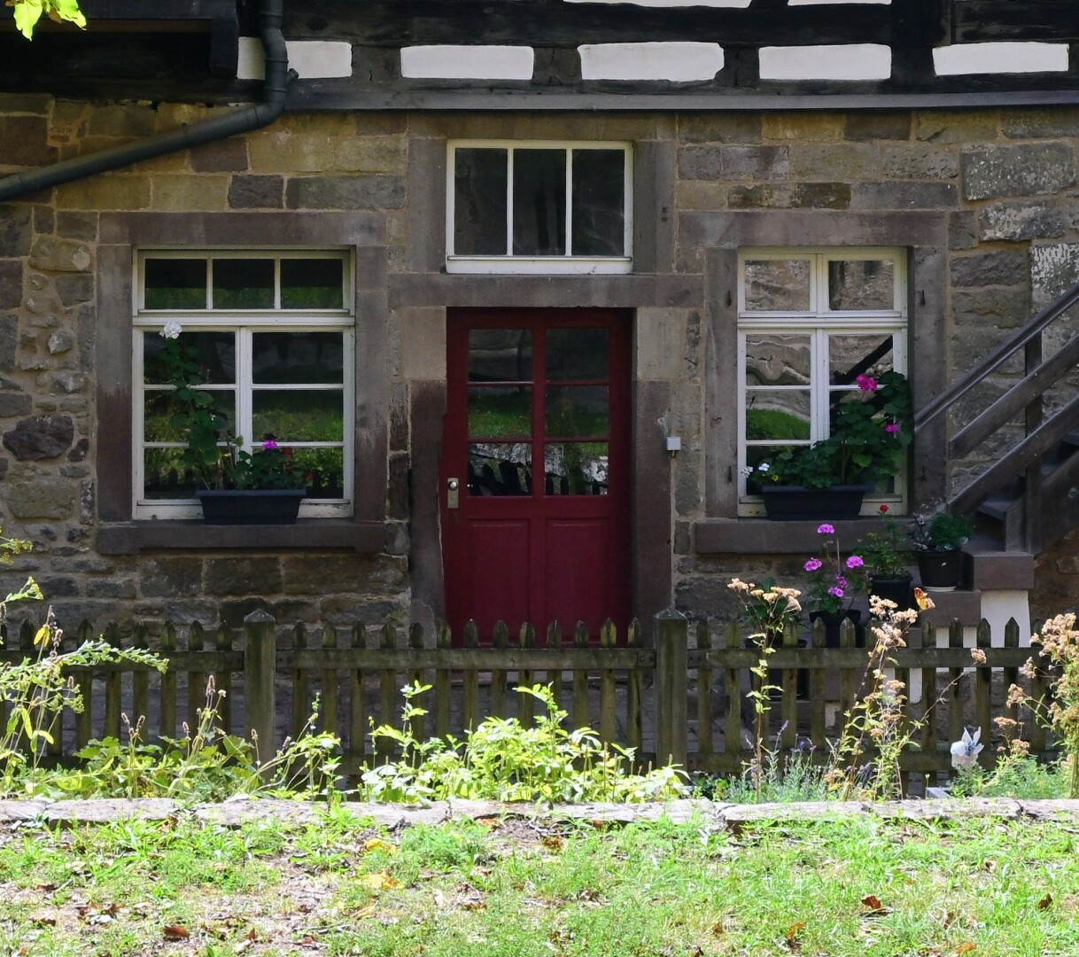 A charming stone house with a red door and white-framed windows is bordered by a wooden fence and lush greenery. Flowers in pots adorn the windowsills.